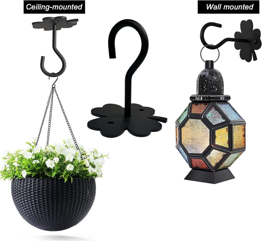 Hanging Basket Brackets for Garden Plants, Wall Mount Plant Hangers Indoor Outdoor Decor for Cottage, Bird Feeder, Light, Wind Chime. Heavy Duty Window Plant Hanger with 2 Four-leaf-Clover Iron